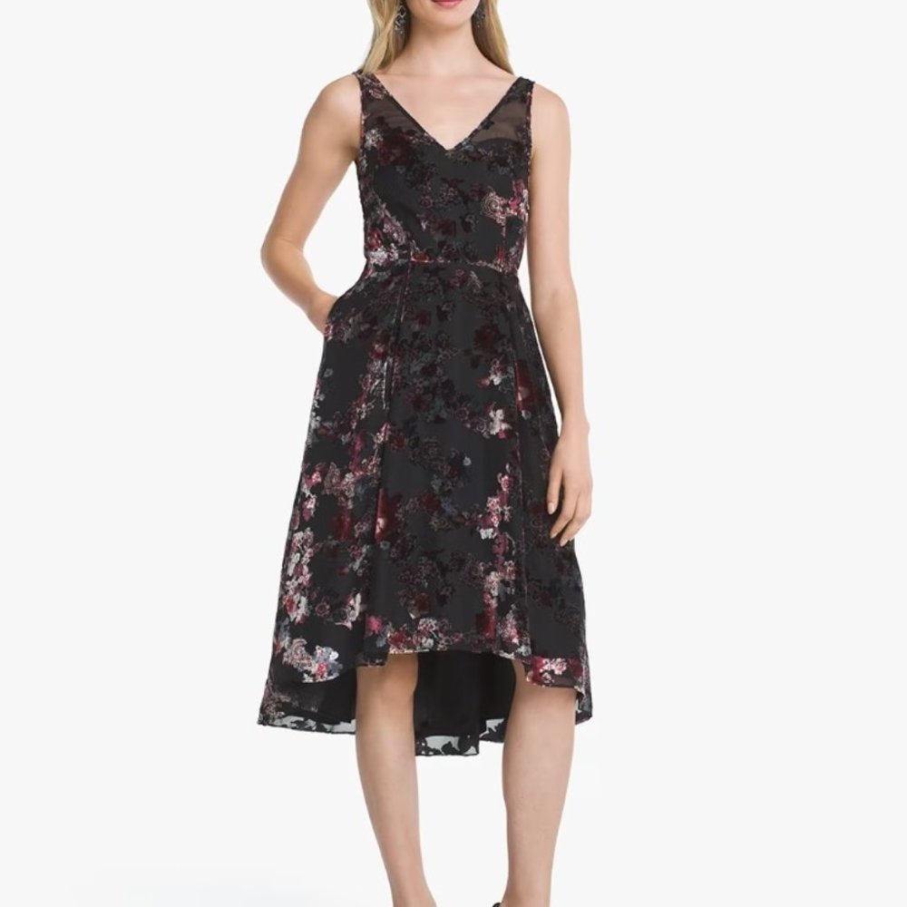 White House Black Market velvet Floral Burnout Hi-Lo Fit-And-Flare Dress